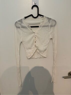 White Ruffle-Trim Long Sleeve Crop Top